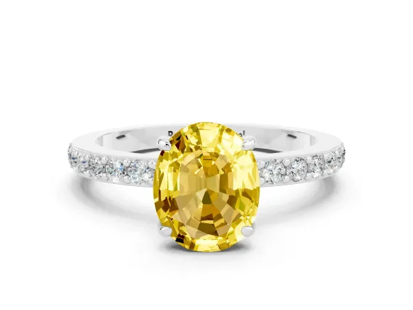 Oval Cut Yellow Sapphire Solitaire Engagement Ring with Pavé Band and Four-Prong Setting Platinum