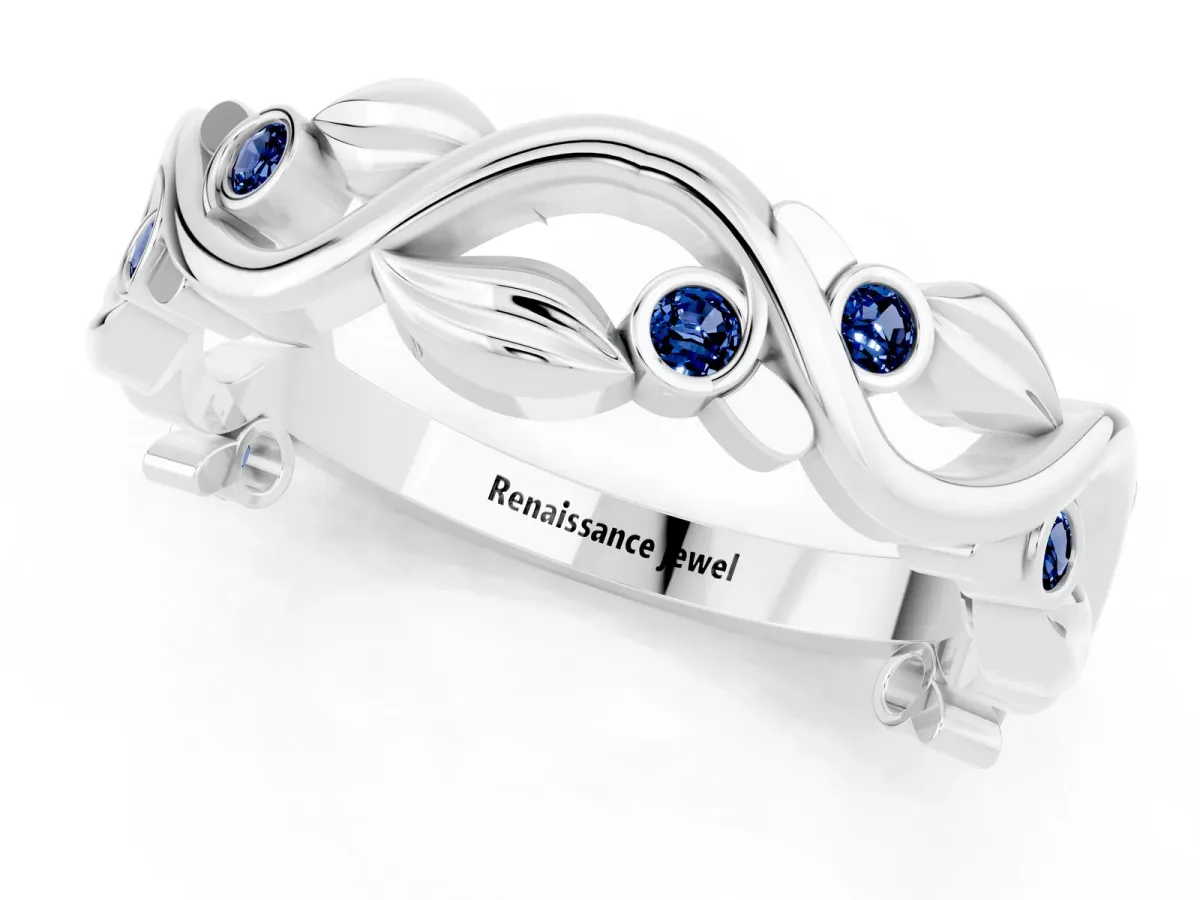 Round Blue Sapphire Leaf Eternity Band with Bezel Setting White gold