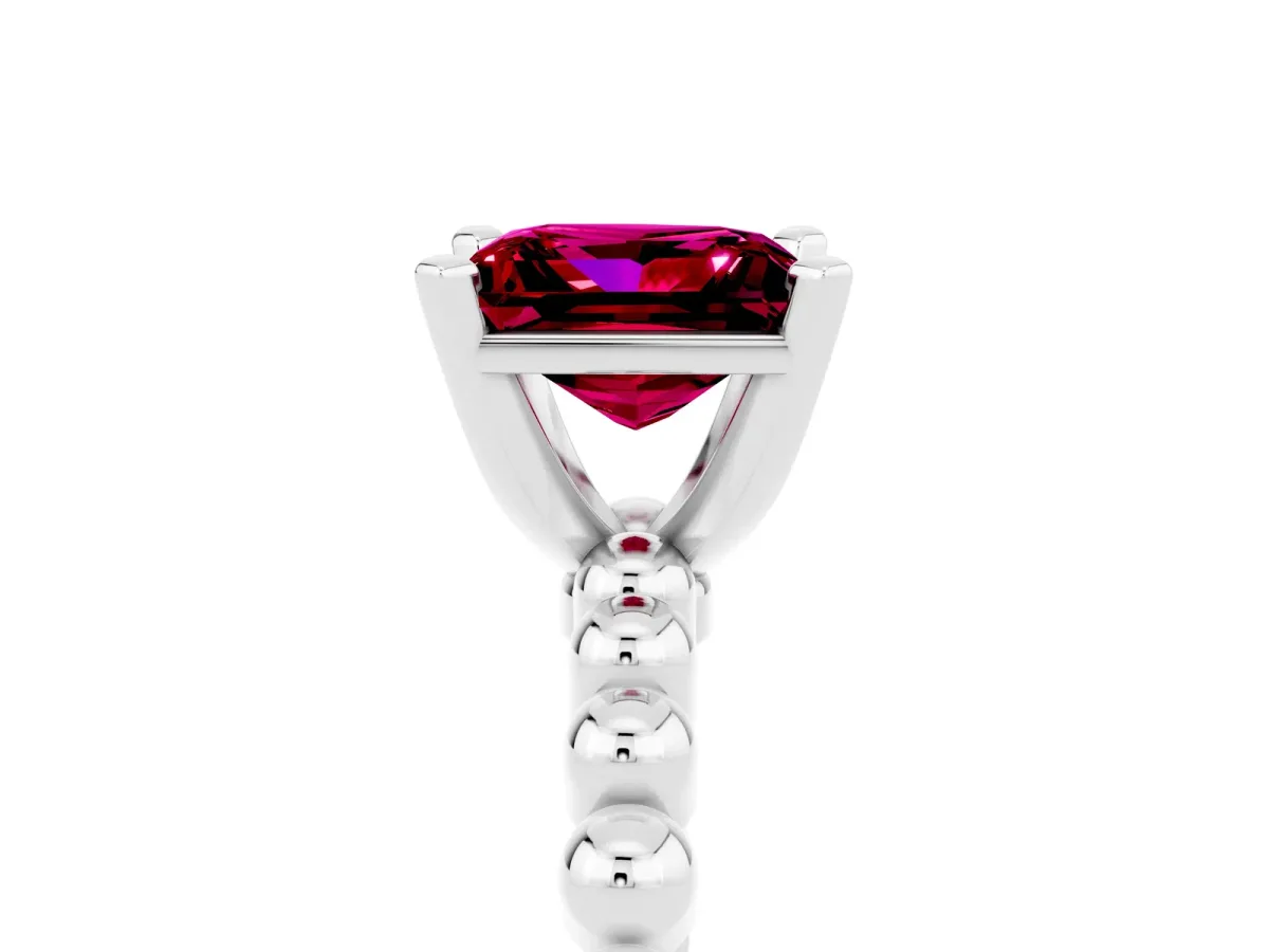 Princess Cut Garnet Solitaire Ring with Beaded Band and Prong Setting Platinum