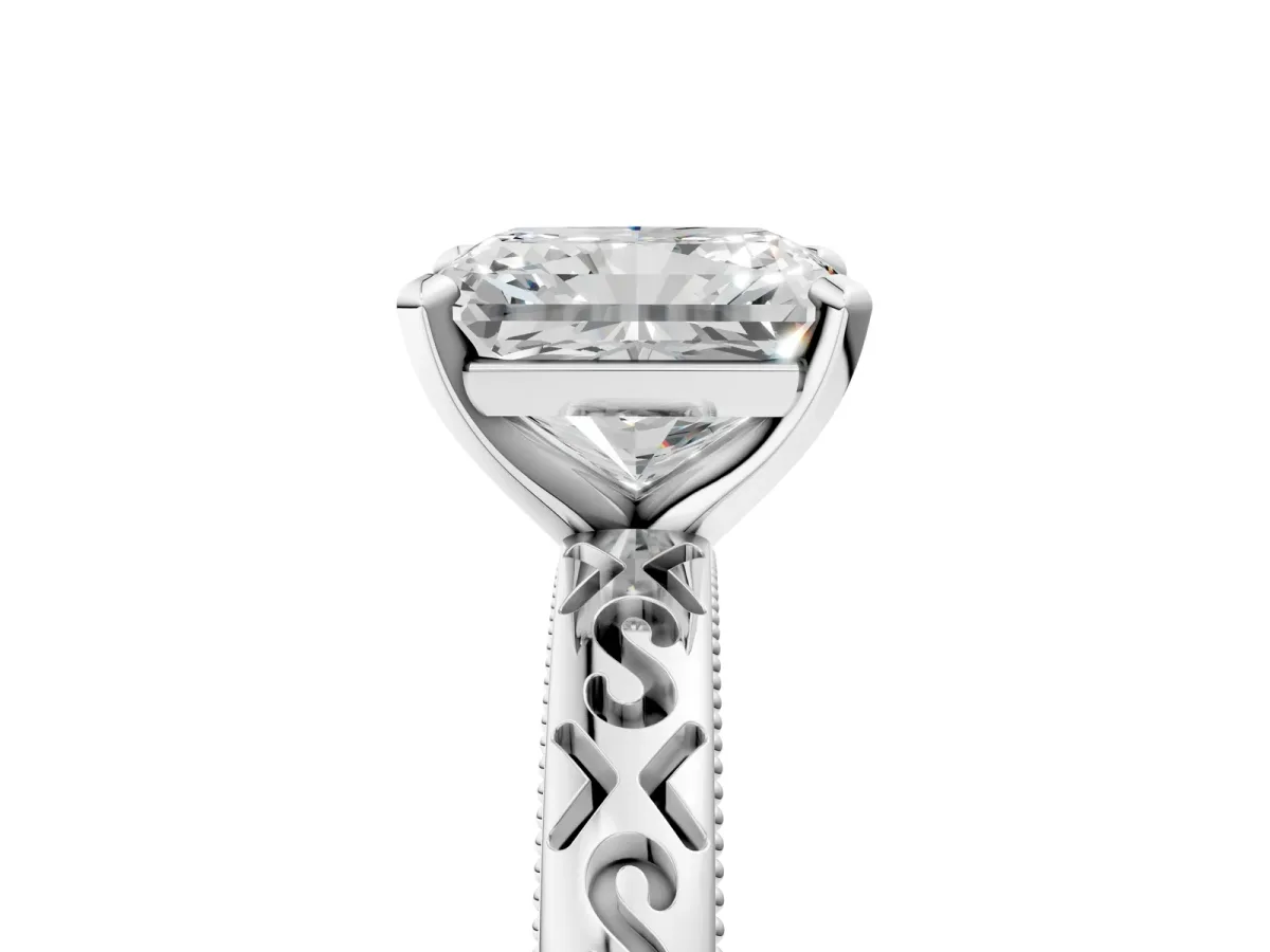 Radiant Cut Solitaire Engagement Ring with Scrollwork Band and Four-Prong Setting Platinum