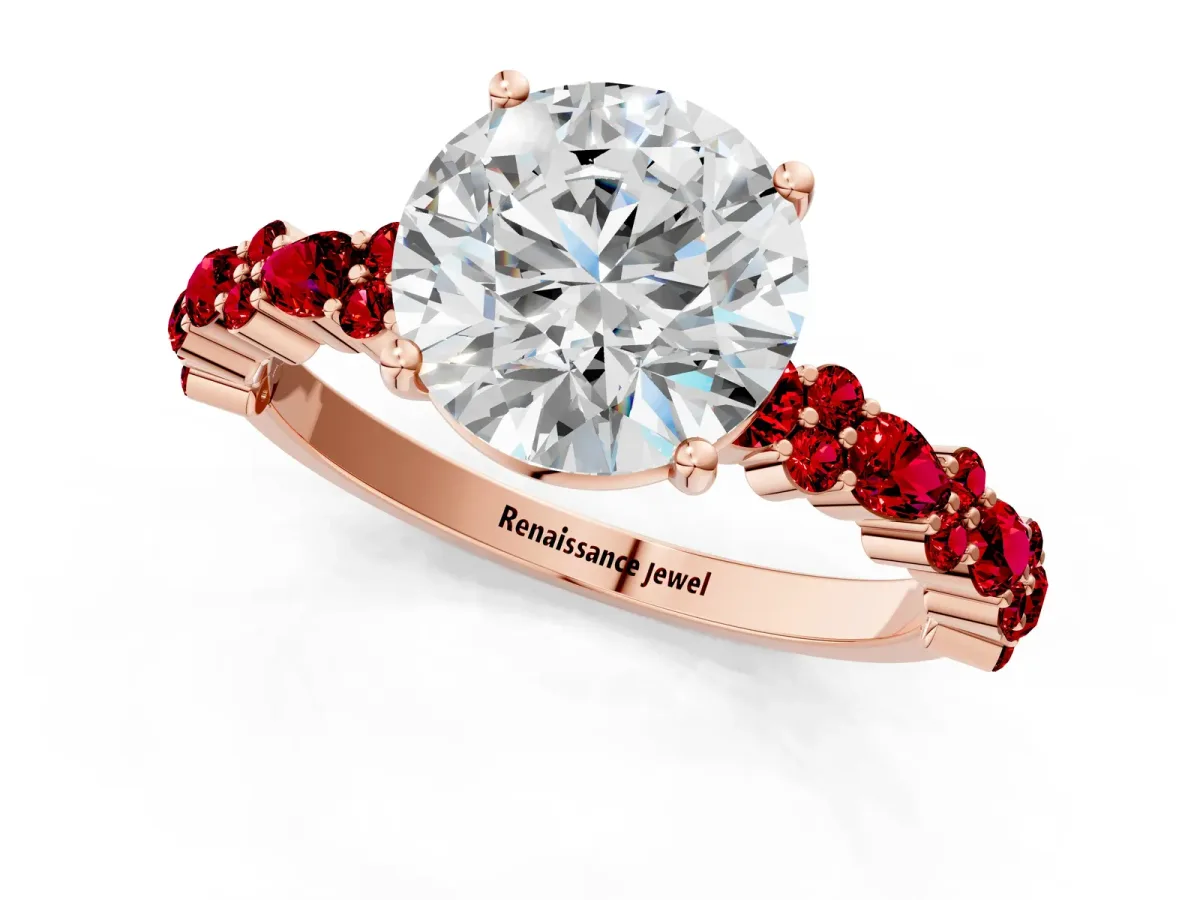 Round Cut Diamond Side Stone Solitaire Ring with Round Ruby and Four-Prong Setting Rose gold