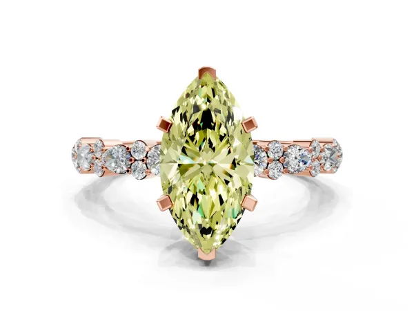 Fancy Yellow Marquise Cut Diamond Side Stone Solitaire Ring with Round and Four-Prong Setting Rose gold