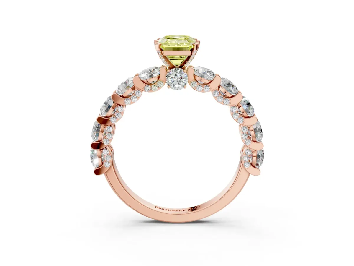 Fancy Yellow Emerald Cut Diamond Side Stone Engagement Ring with Four-Prong Setting Rose gold