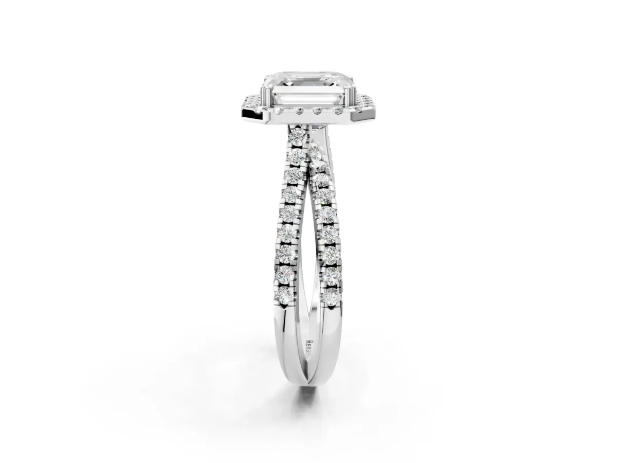 Asscher Cut Halo Split Shank Diamond Ring with Pavé Setting Platinum