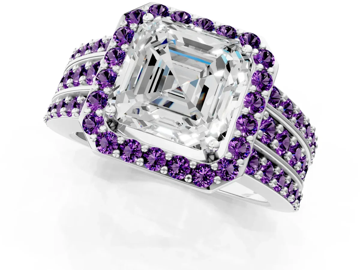 Asscher Cut Halo Diamond Ring with Round Amethyst Split Shank and Prong Setting Silver
