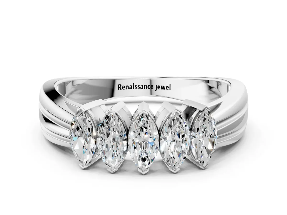 Five-Stone Marquise Diamond Split Shank Ring with Shared Prong Setting Silver