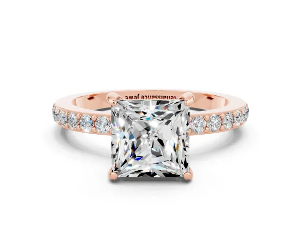 Princess Cut Moissanite Solitaire Engagement Ring with Pavé Band and Four-Prong Setting Rose gold