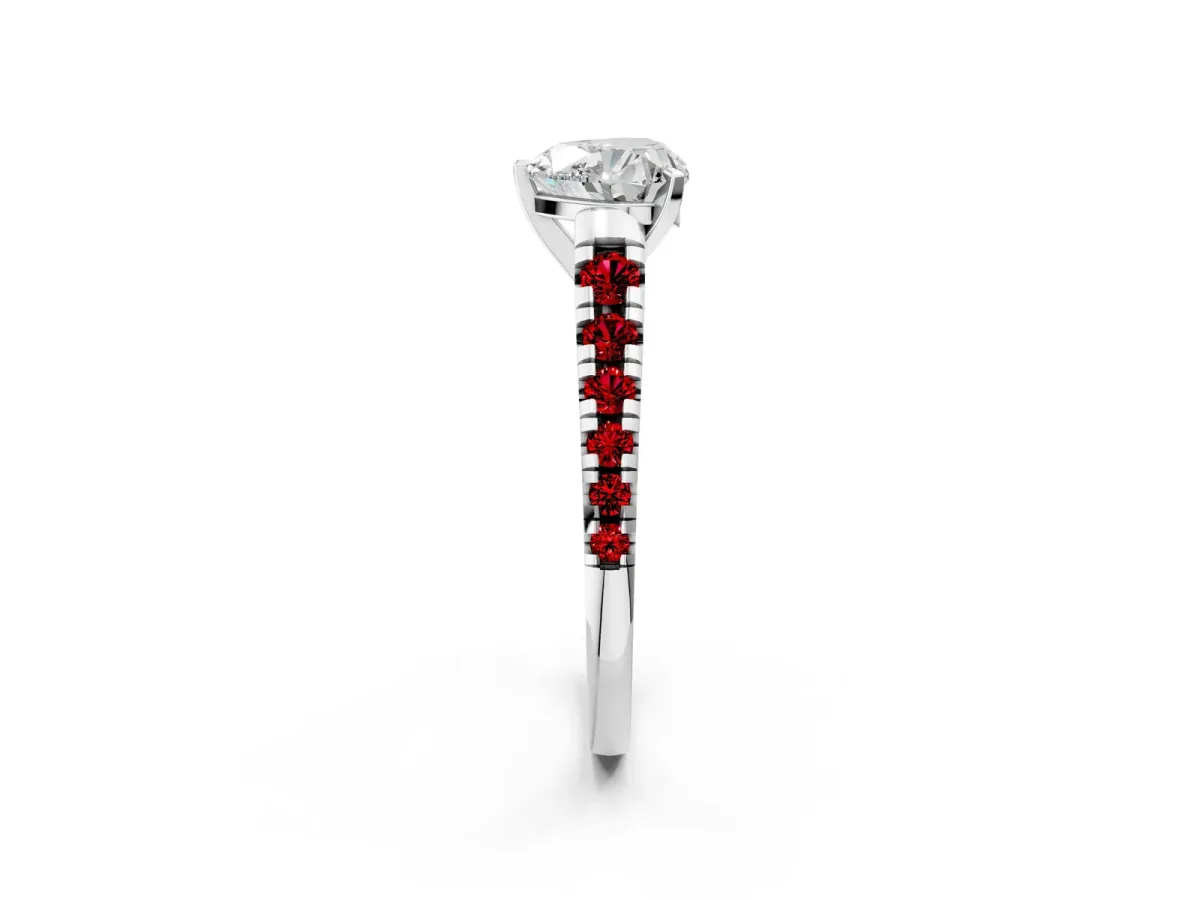 Heart Cut Diamond Cathedral Solitaire Ring with Round Ruby Pavé Band Platinum