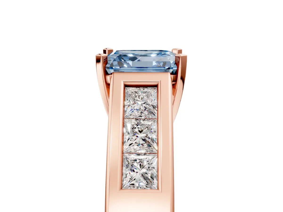 Fancy Blue Asscher Cut Cut Channel Set Solitaire Ring with Four-Prong Setting Rose gold