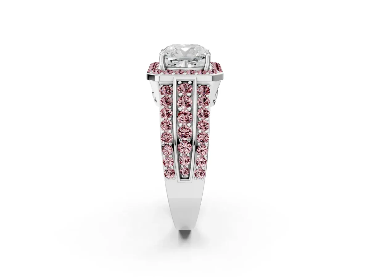 Cushion Cut Halo Diamond Ring with Round Morganite Split Shank and Prong Setting Platinum