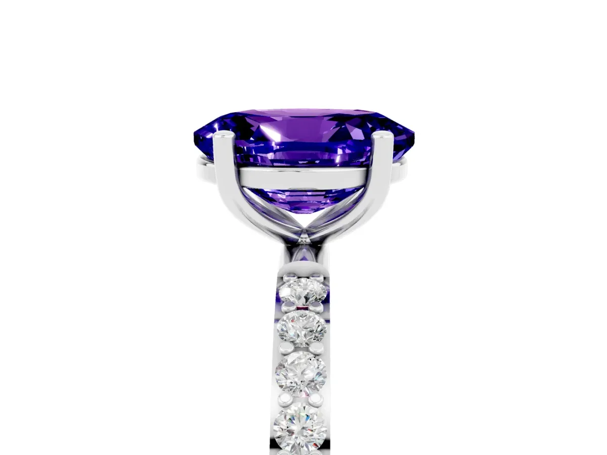 Oval Cut Tanzanite Solitaire Ring with Round Pavé Band and Prong Setting Silver