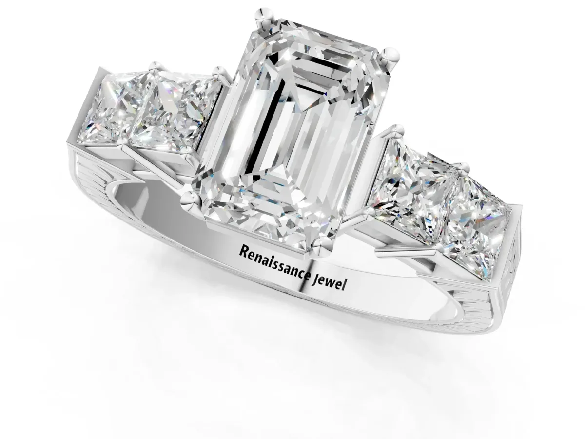 Emerald Cut Solitaire Princess Side Stone Engraved Band Prong Setting Ring Silver