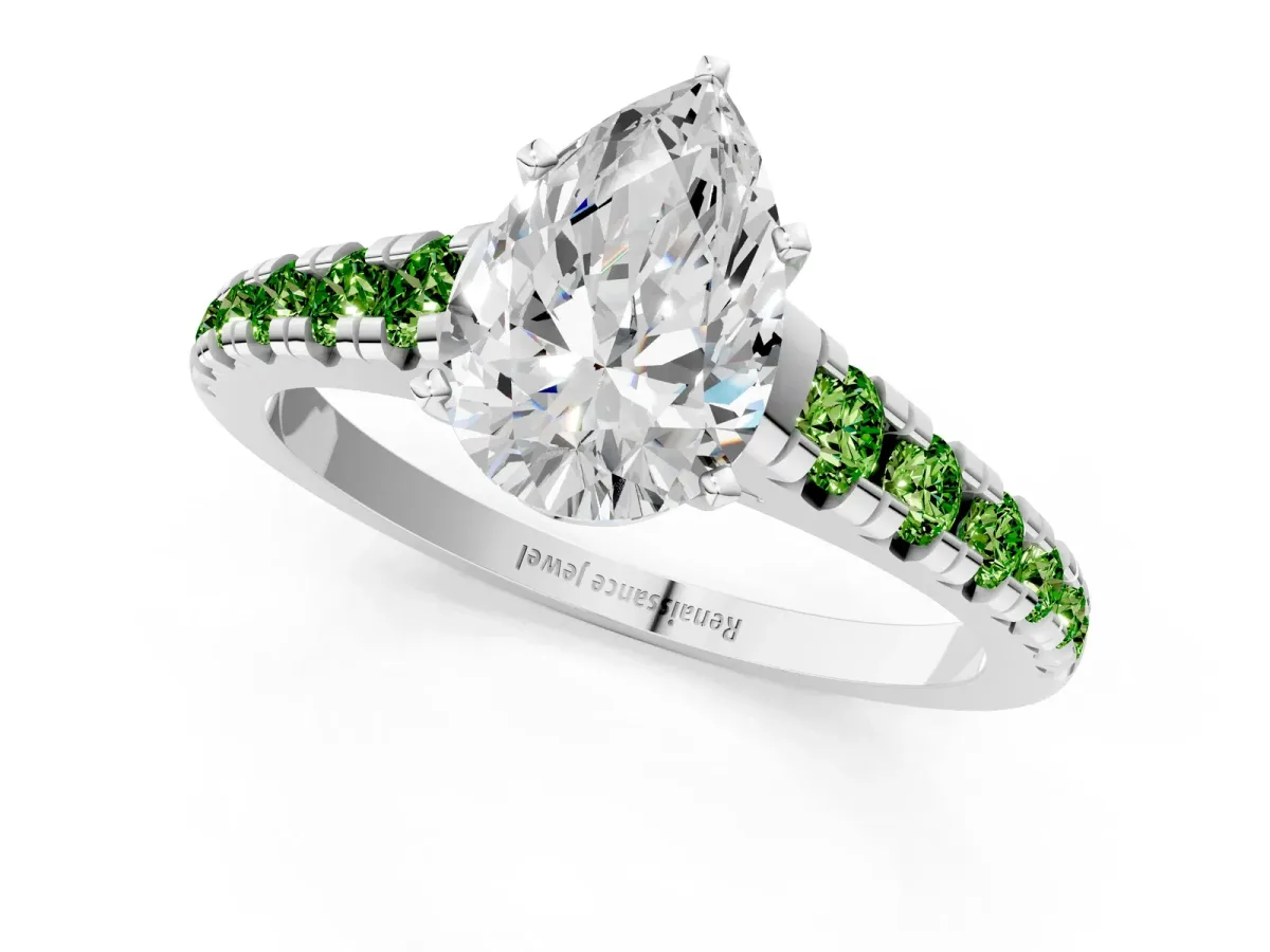Pear Cut Diamond Cathedral Solitaire Ring with Round Peridot Pavé Band Platinum