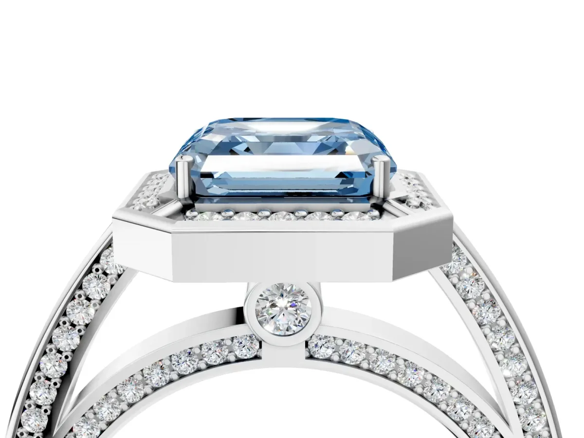 Fancy Blue Asscher Cut Cut Halo Pave Split Shank Prong Setting Ring Platinum