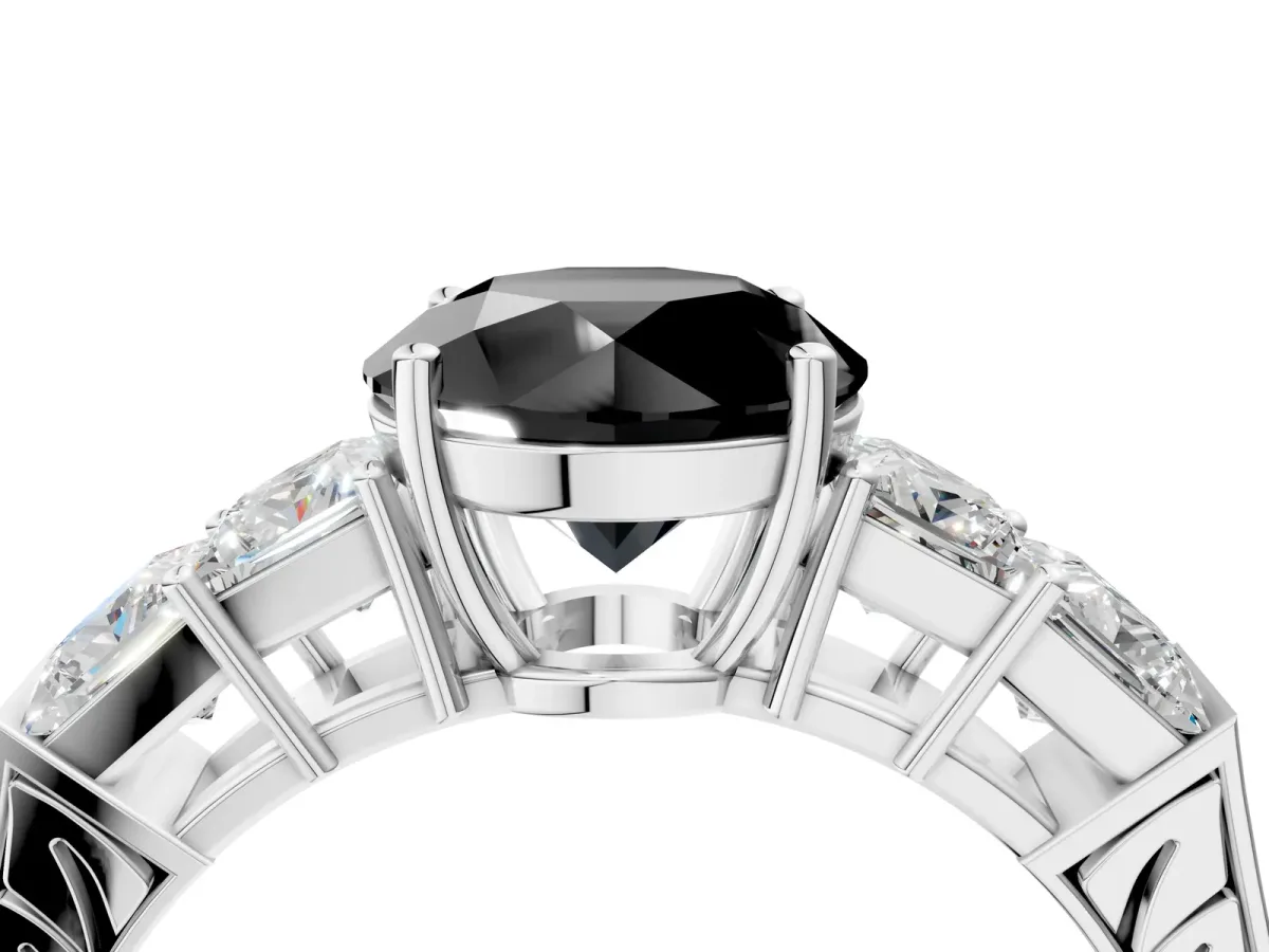 Fancy Black Round Cut Solitaire Princess Side Stone Engraved Band Prong Setting Ring Silver