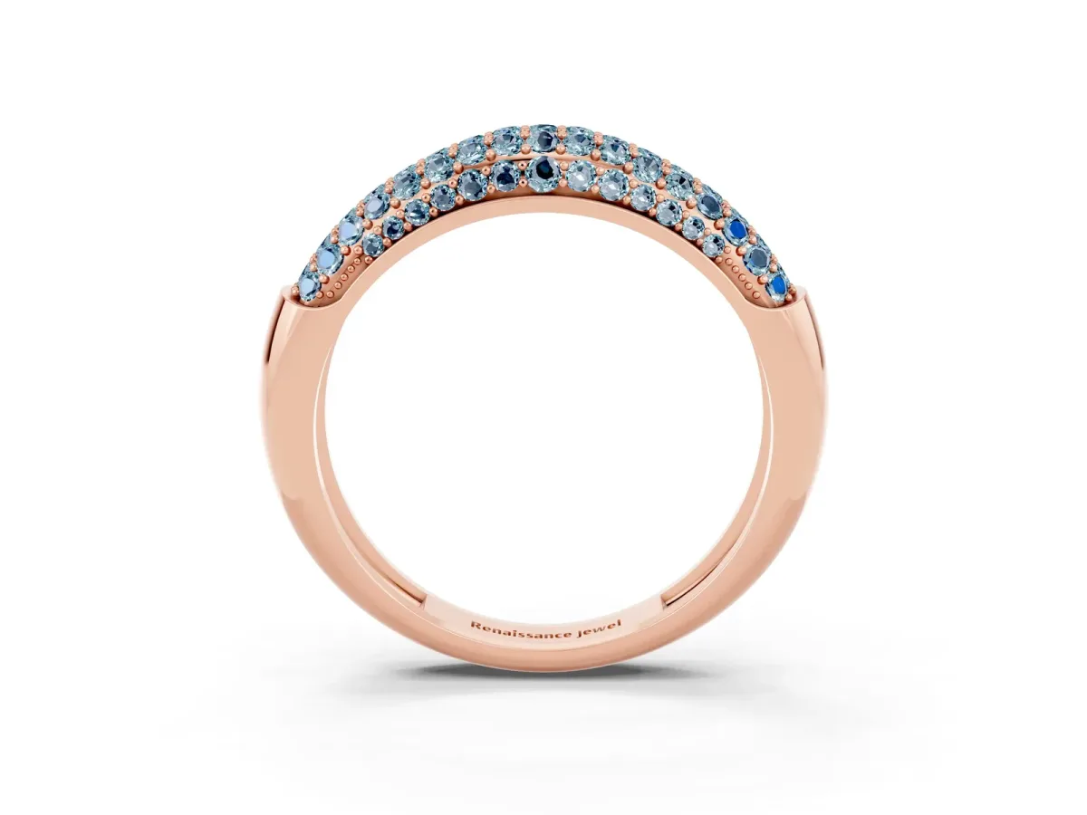 Three-Row Pavé Round Aquamarine Dome Band Rose gold