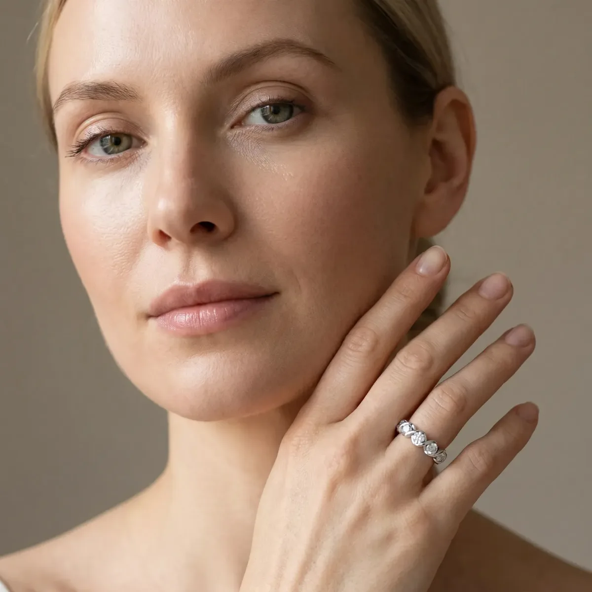 Round Diamond Wave Band with Channel Setting and Shared Prongs Silver