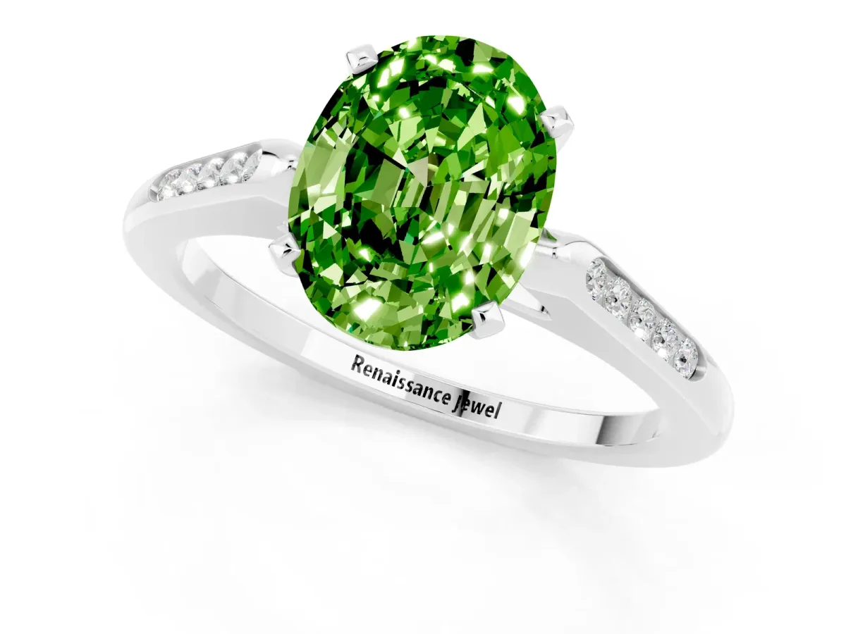 Oval Cut Peridot Solitaire Ring with Channel Set Round Band and Prong Setting Silver