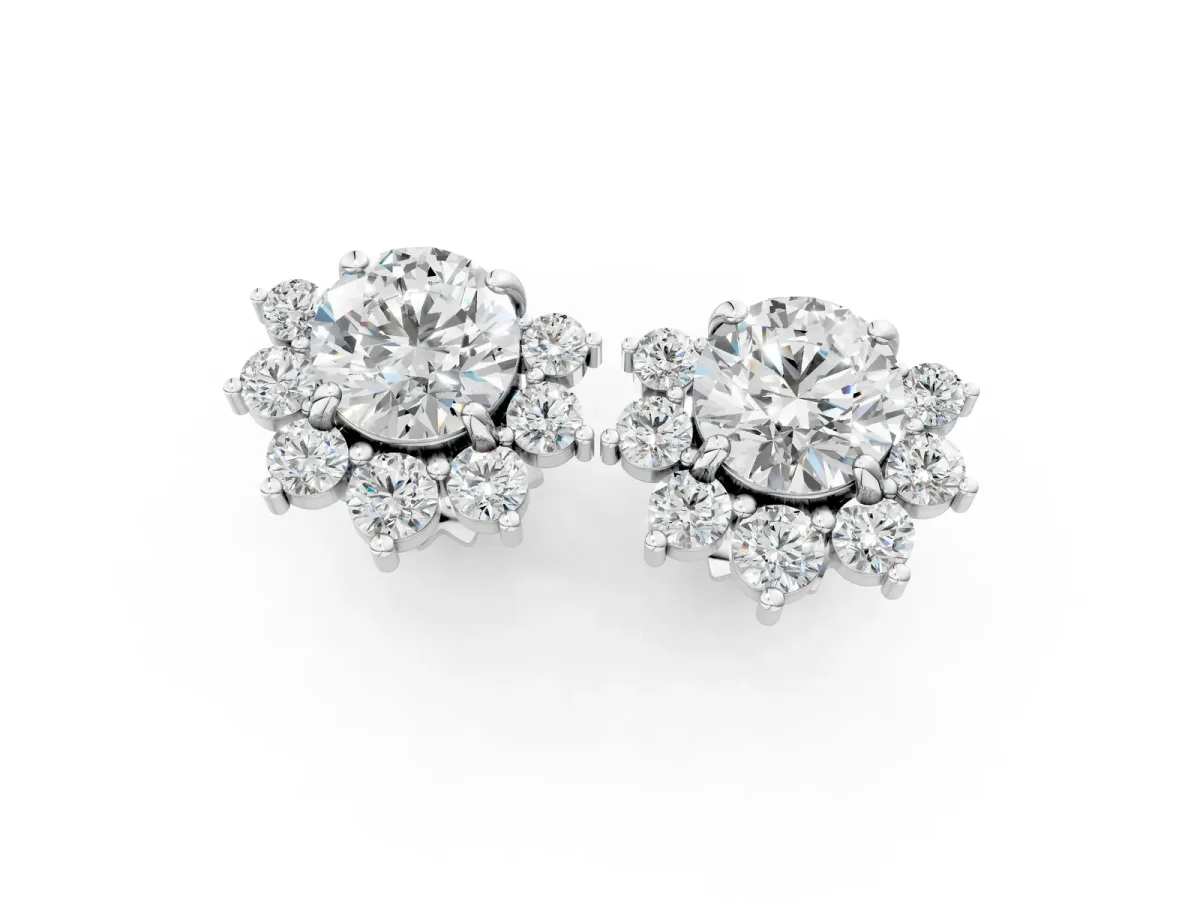Cluster Round Diamond Stud Earrings with White Gold Band and Four-Prong Setting Silver