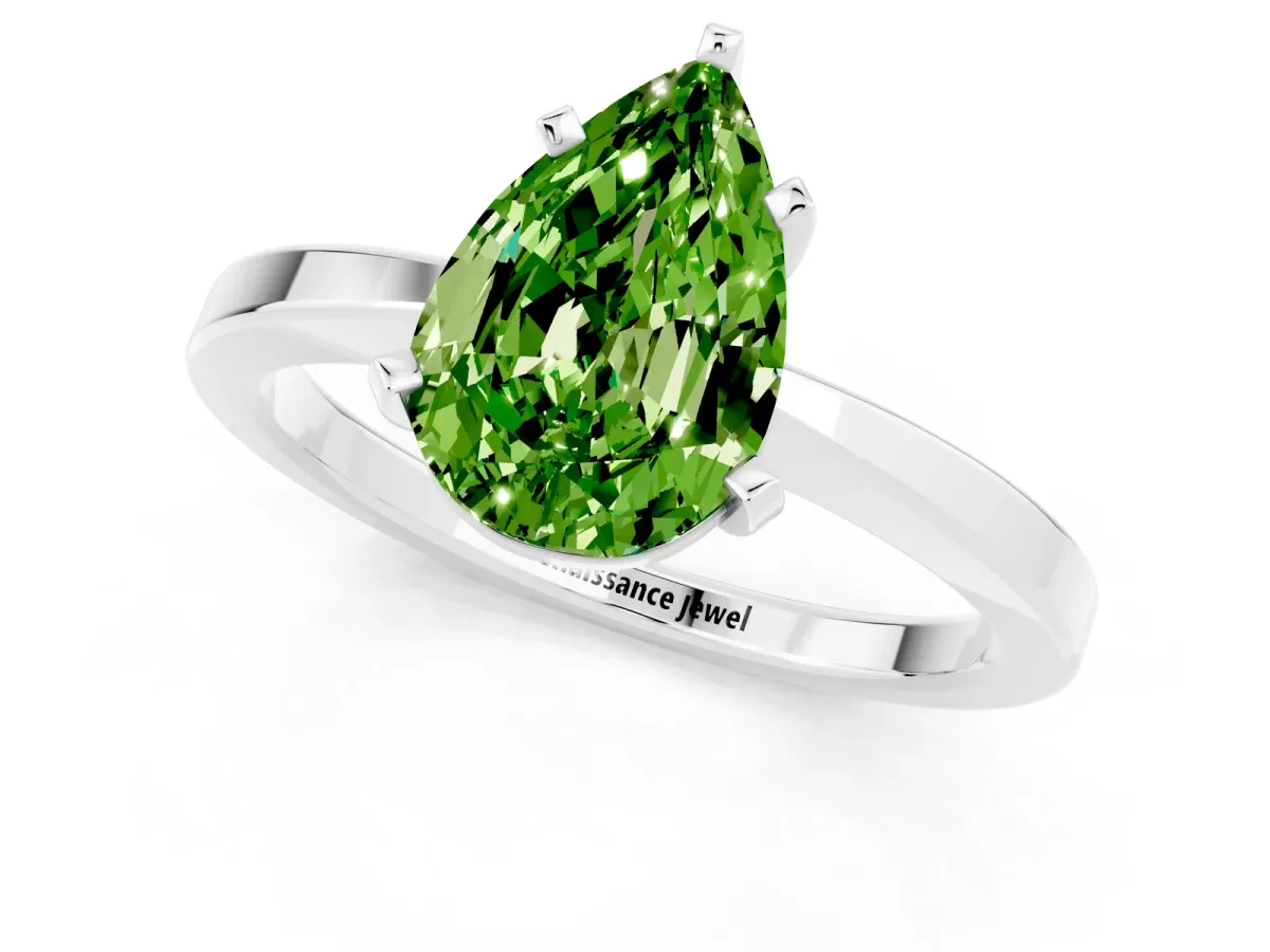 Pear Cut Peridot Solitaire Engagement Ring with Classic Band and Four-Prong Setting Silver