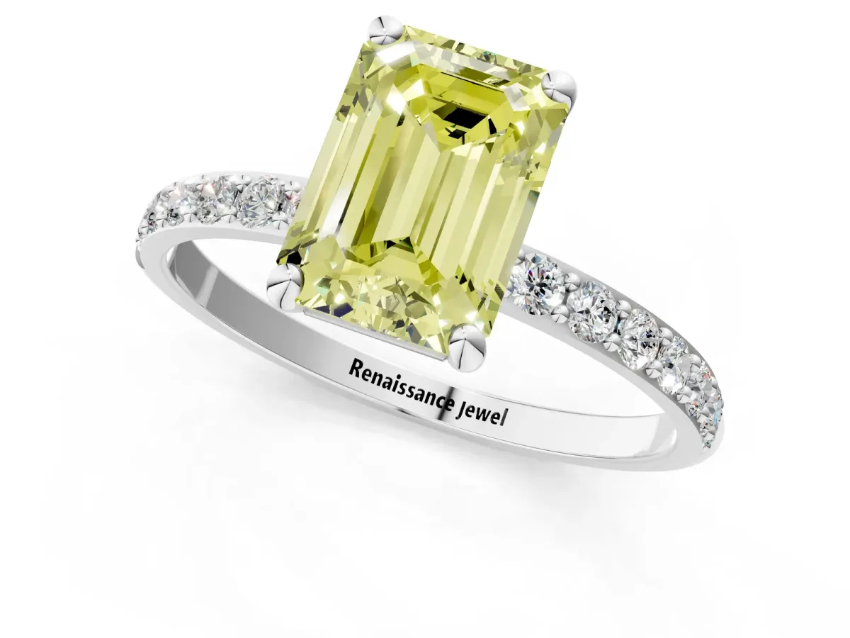 Fancy Yellow Emerald Cut Diamond Solitaire Ring with Round Pavé Band and Prong Setting Silver