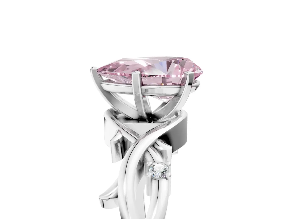 Fancy Pink Pear Cut Diamond Solitaire Ring with Twisted Band and Prong Setting Silver