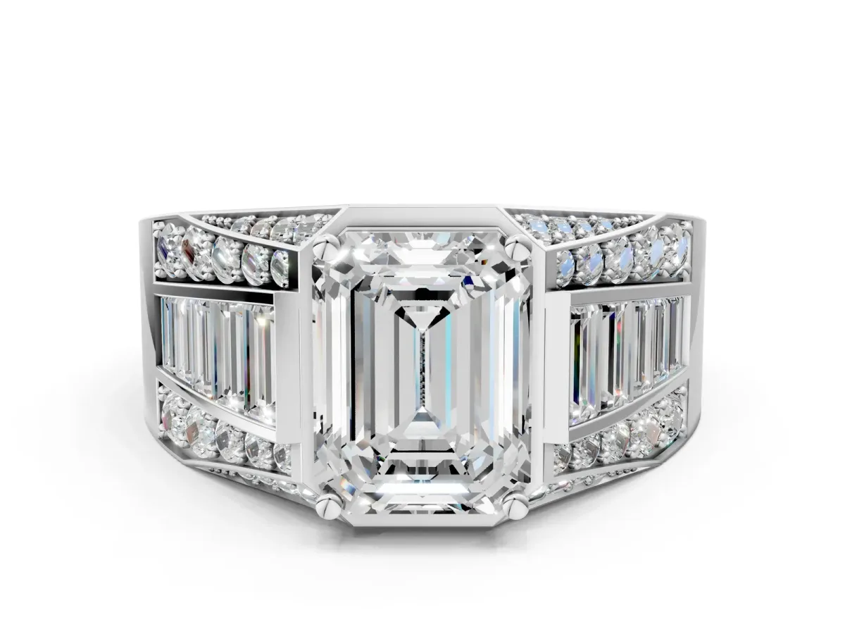 Emerald Cut Diamond Mens Ring with Baguette Side Stones Silver