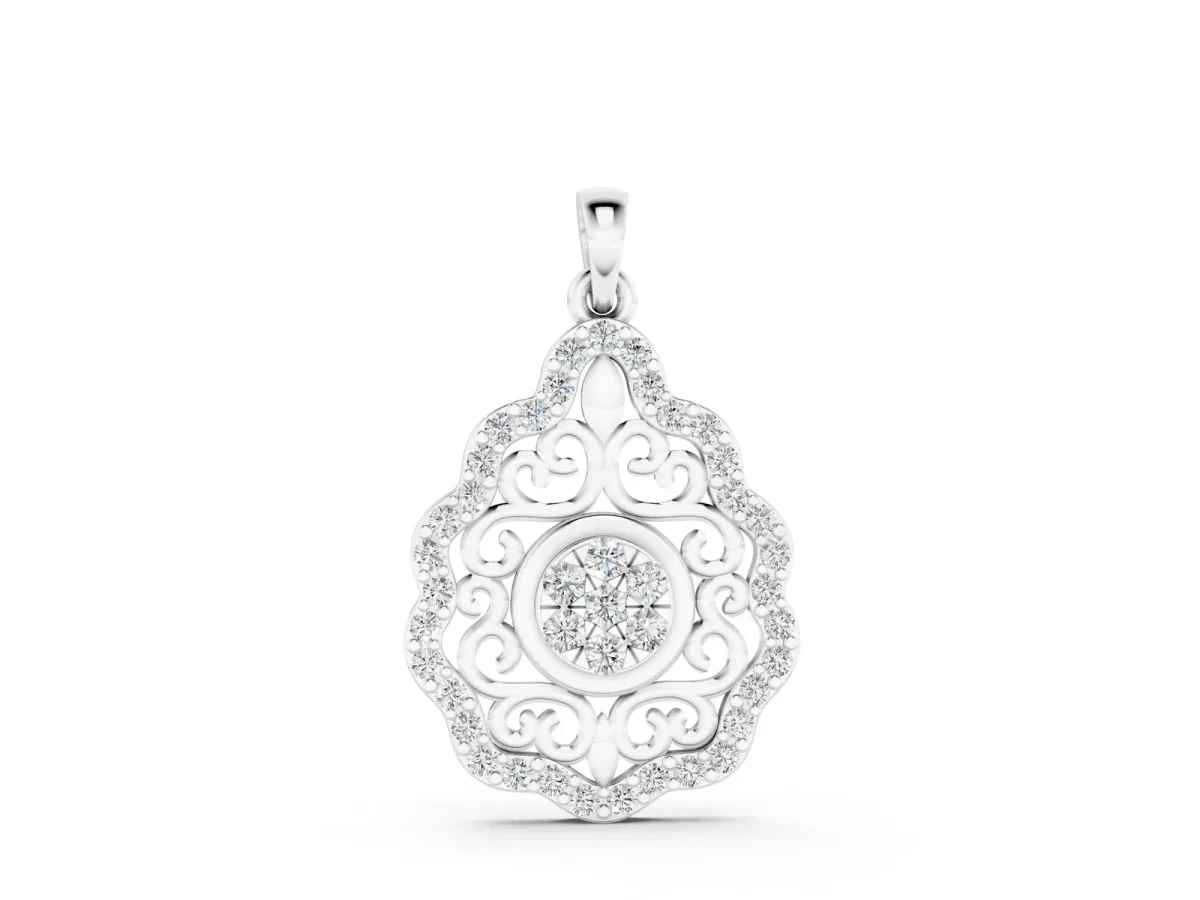 Round Diamond Halo Pendant with Filigree Design Silver