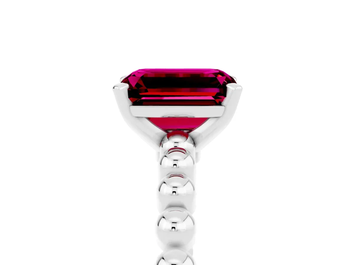 Emerald Cut Garnet Solitaire Ring with Beaded Band and Prong Setting Silver