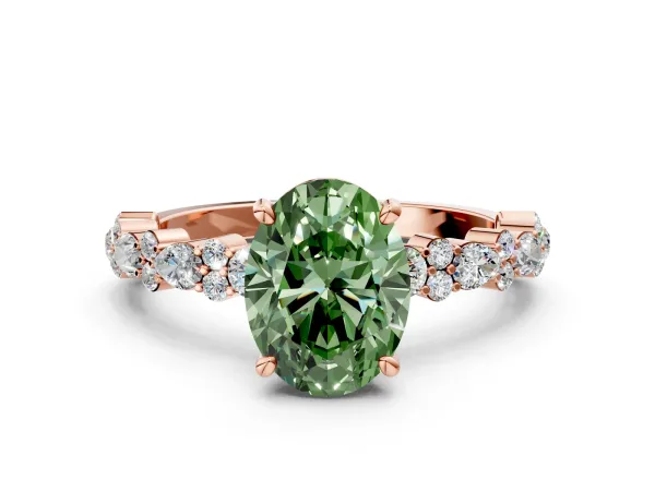 Fancy Green Oval Cut Diamond Side Stone Solitaire Ring with Round and Four-Prong Setting Rose gold