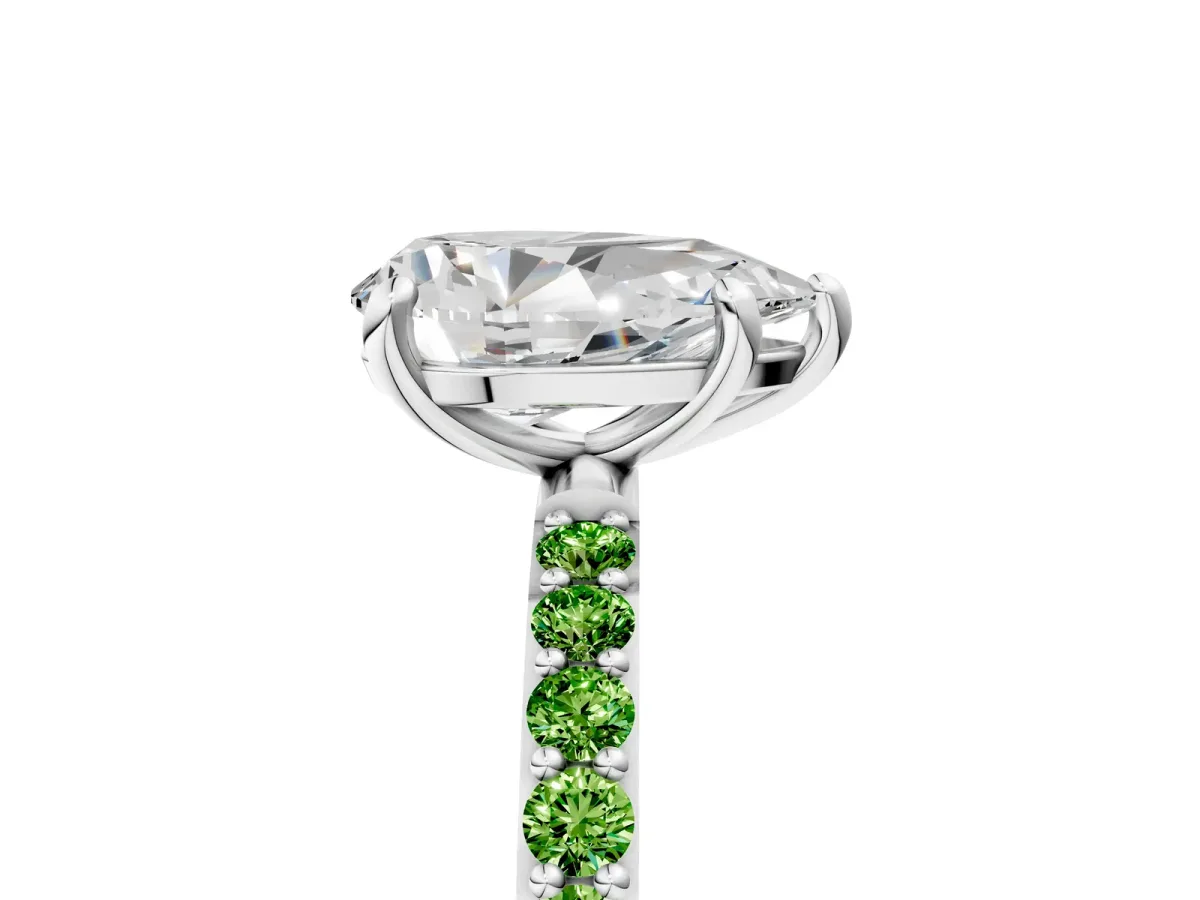 Pear Cut Diamond Solitaire Ring with Round Peridot Pavé Band and Prong Setting Platinum