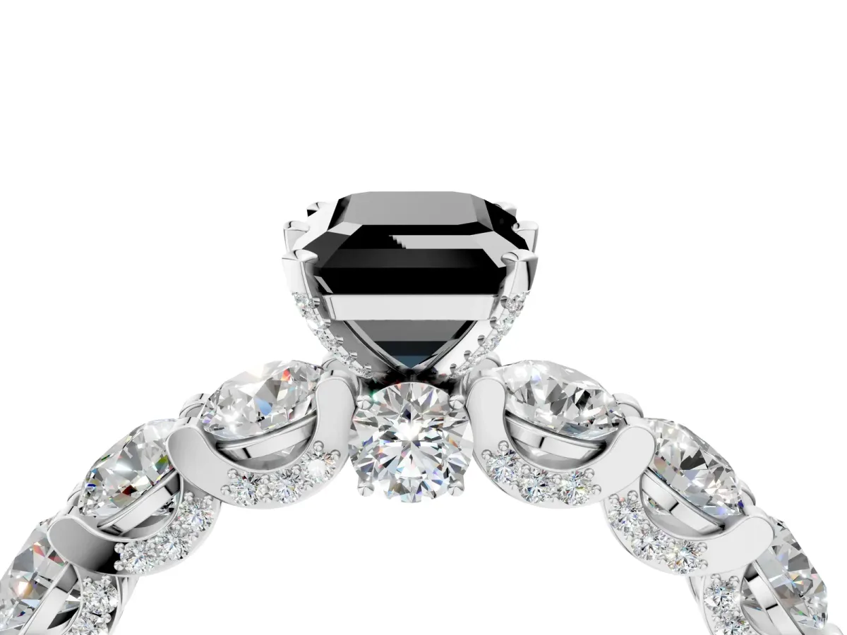 Fancy Black Emerald Cut Diamond Side Stone Engagement Ring with Four-Prong Setting White gold