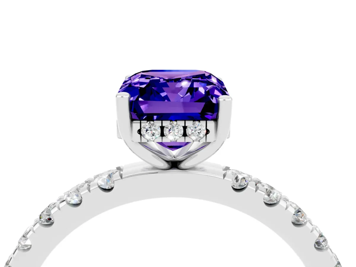 Emerald Cut Tanzanite Pave Band Solitaire Ring with Round and Prong Setting Silver