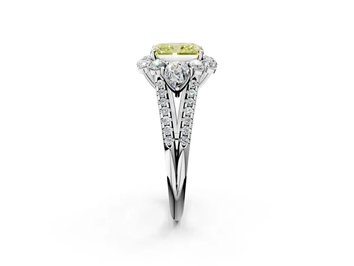 Fancy Yellow Radiant Cut Halo Split Shank Diamond Engagement Ring with Prong Setting Platinum