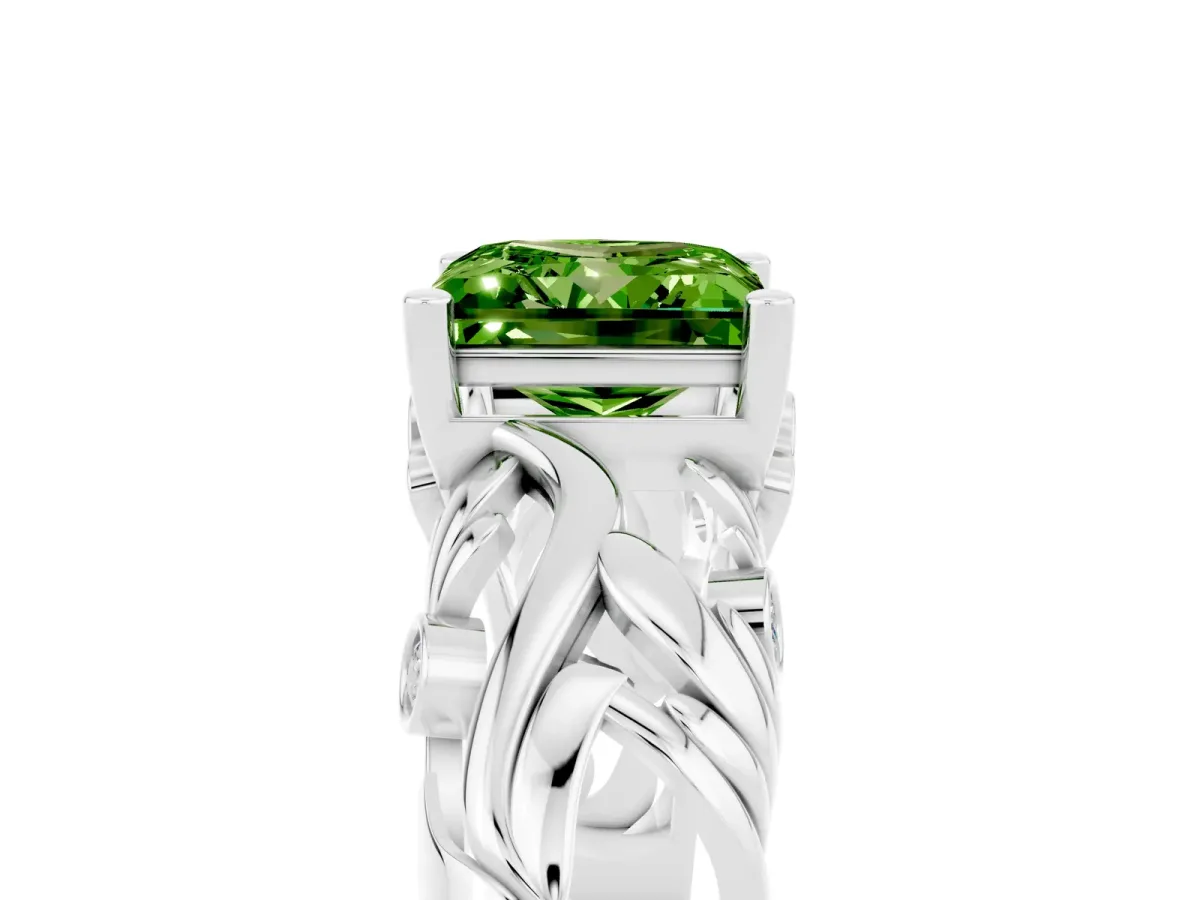 Princess Cut Solitaire Peridot Leaf-Inspired Vine Band Ring with Prong Setting White gold