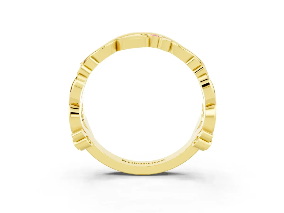 Round Pink Sapphire Leaf Eternity Band with Bezel Setting Yellow gold