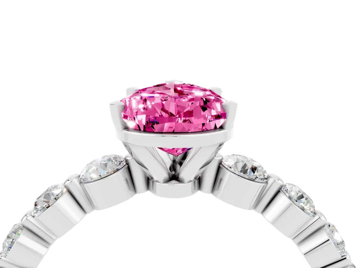 Pear Cut Solitaire Pink Sapphire Ring with Pave Band and Four-Prong Setting Silver