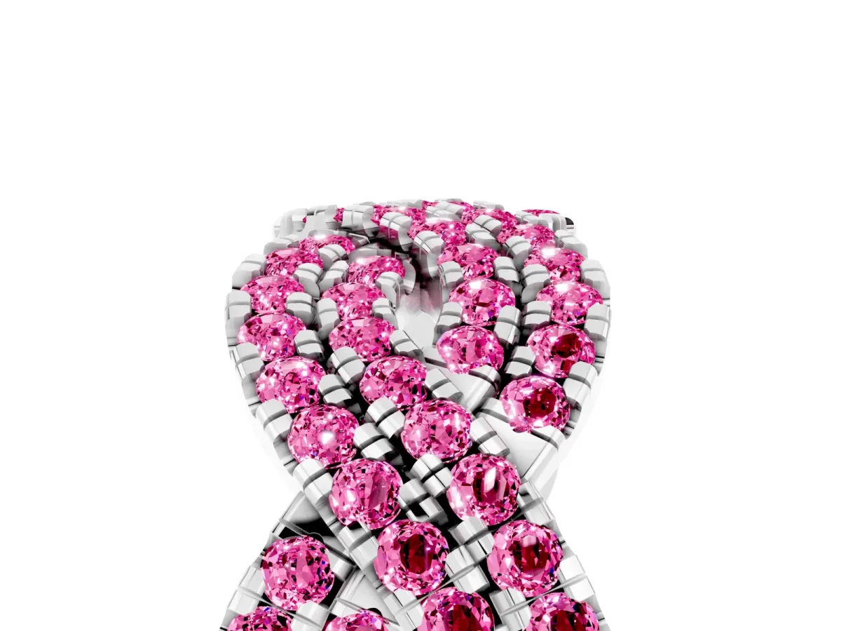 Pavé Round Pink Sapphire Infinity Twist Band with Shared Prong Setting Platinum