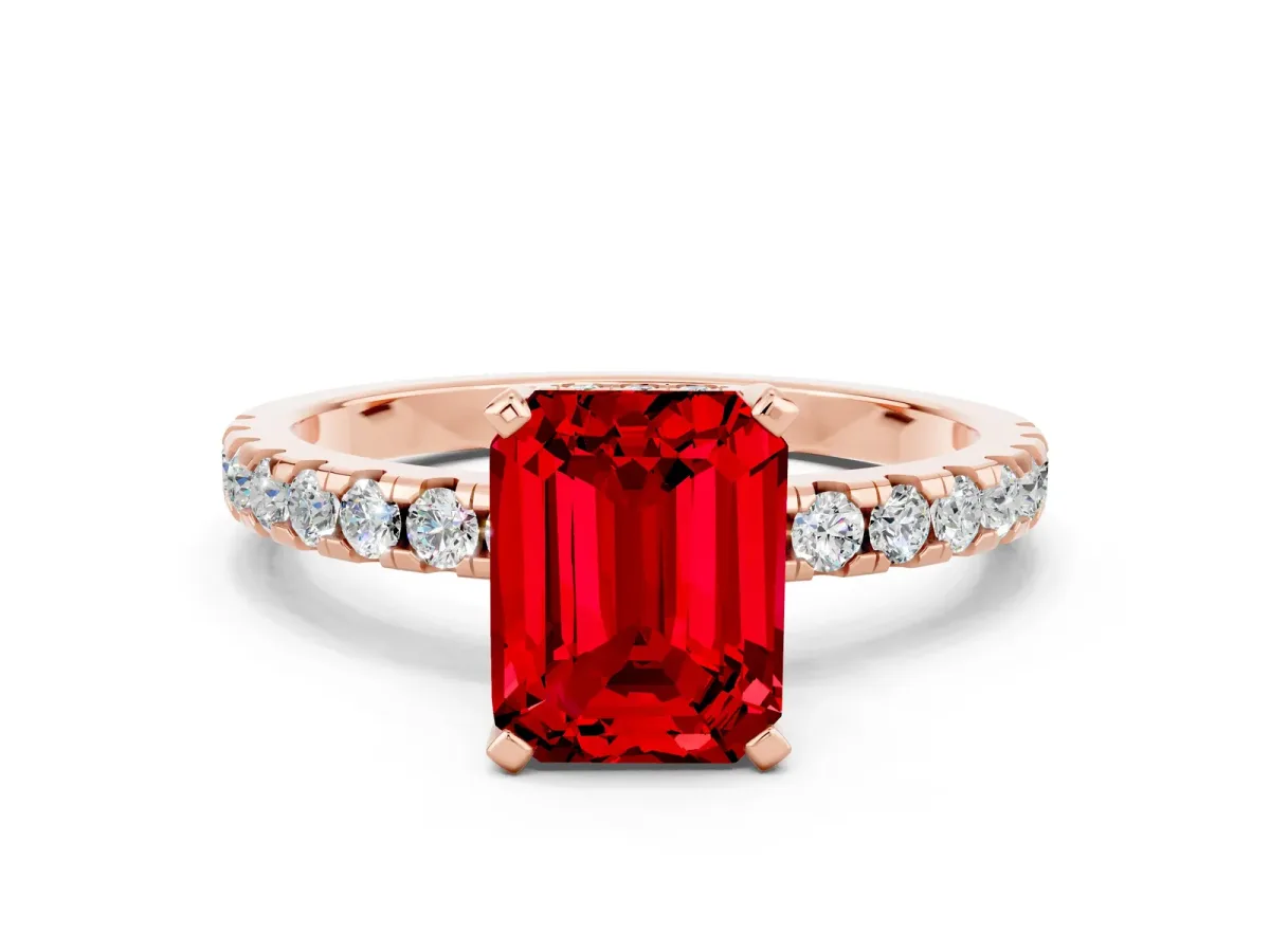 Emerald Cut Ruby Solitaire Ring with Round Pavé Band and Four-Prong Setting Rose gold