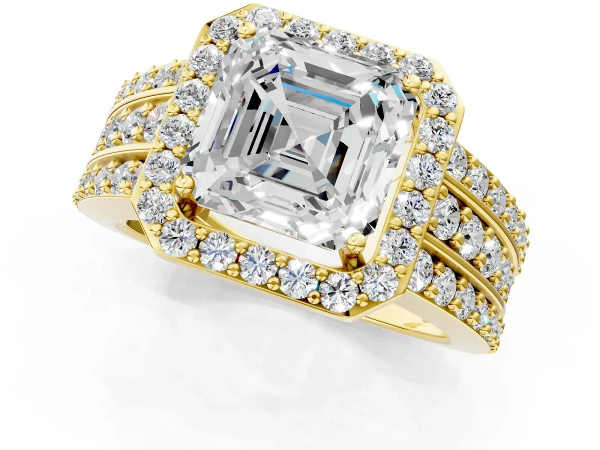 Asscher Cut Halo Diamond Ring with Round Split Shank and Prong Setting Yellow gold