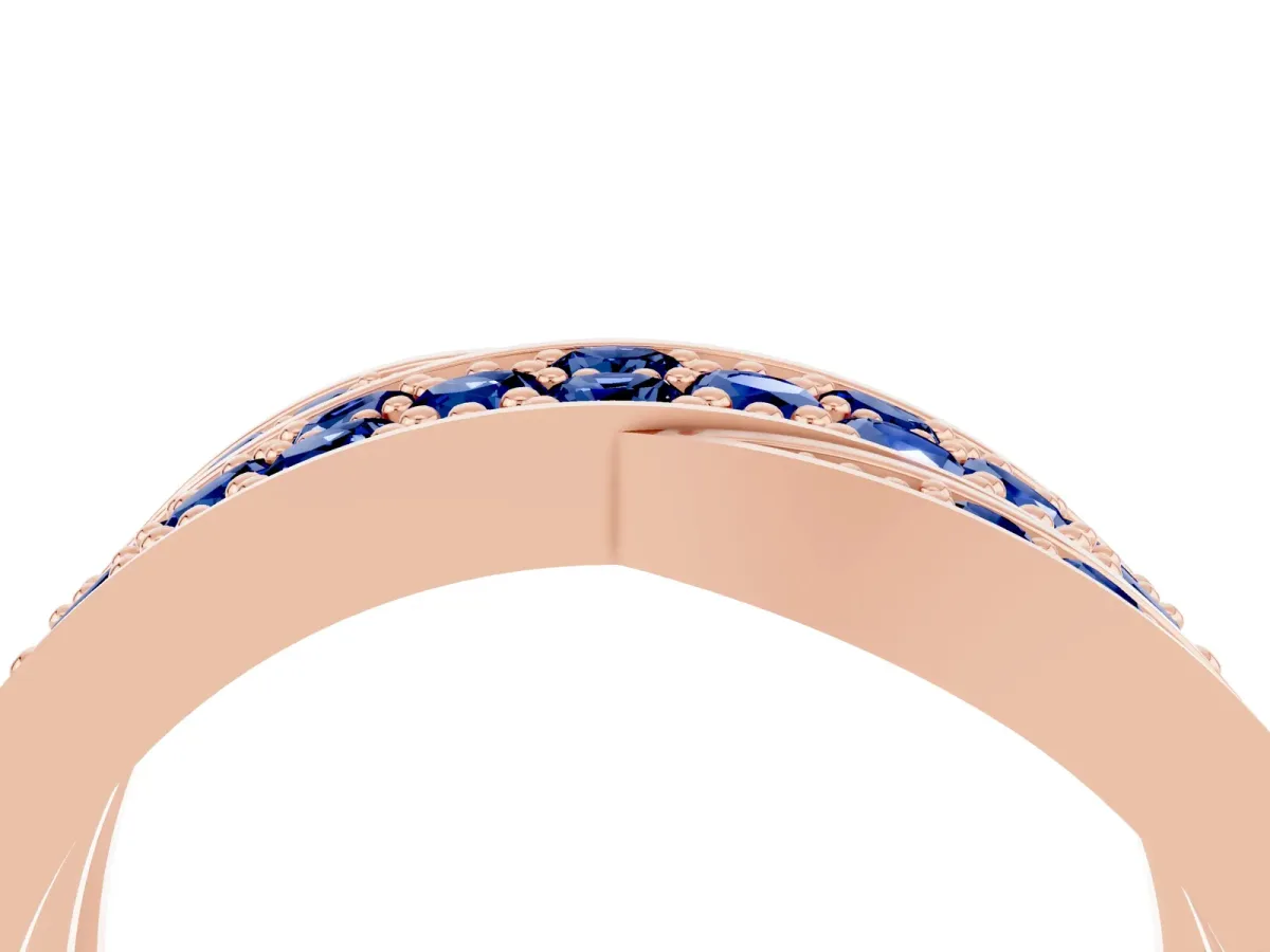 Pavé Round Blue Sapphire Crossover Band with Bead Prong Setting Rose gold