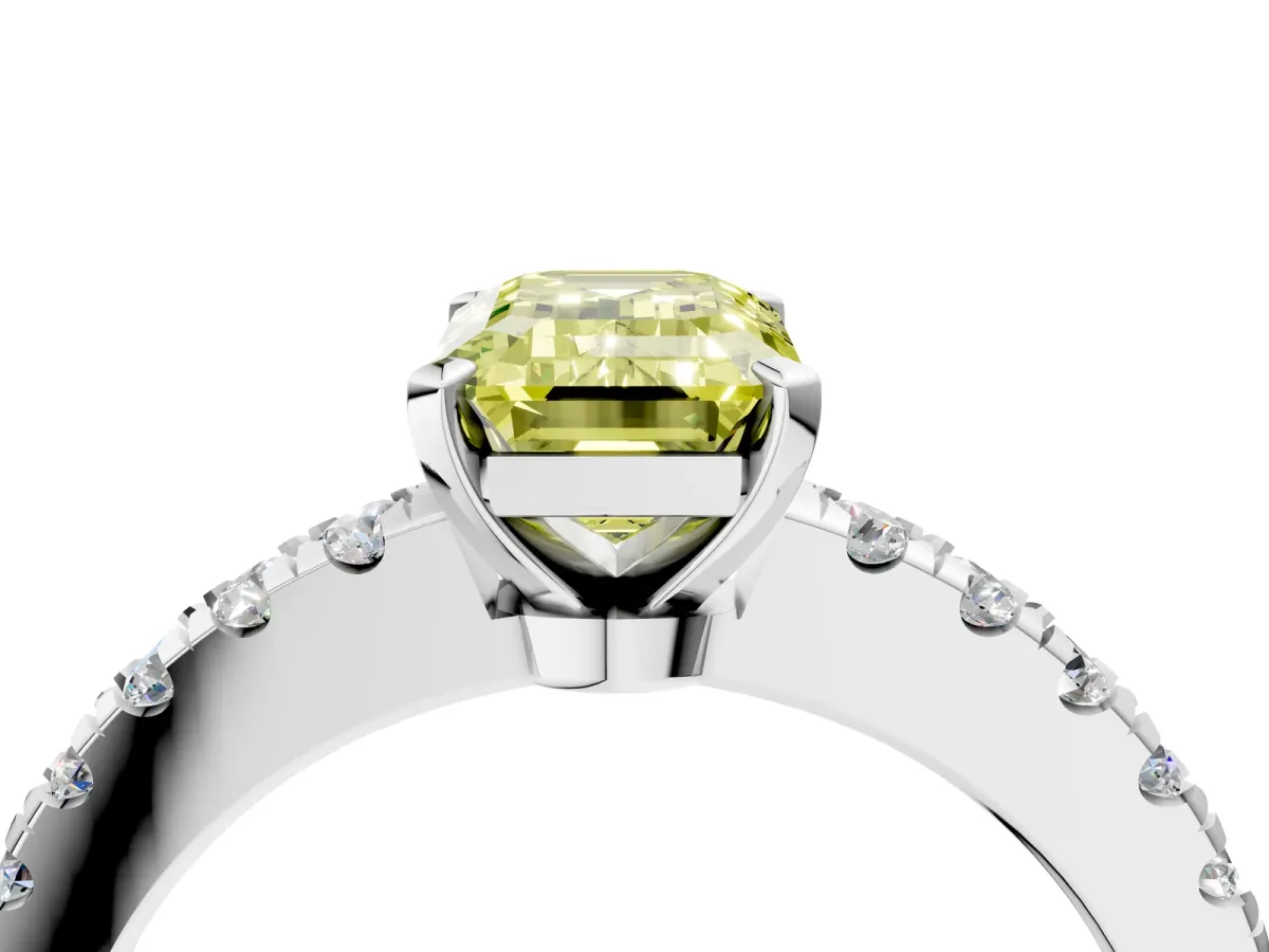 Fancy Yellow Emerald Cut Solitaire Diamond with Pavé Band and Four-Prong Setting Platinum