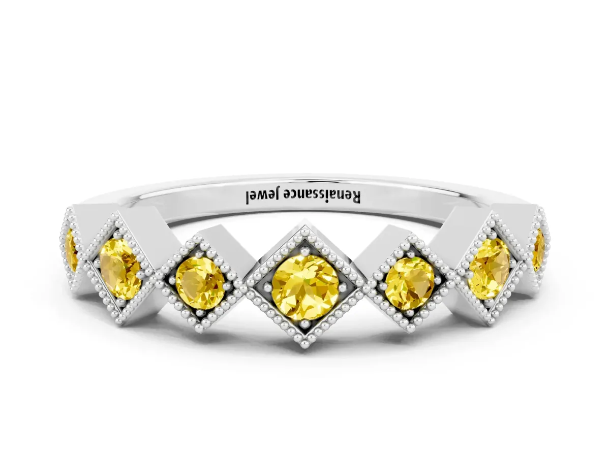 Milgrain Square Bezel Round Yellow Sapphire Chevron Band Silver