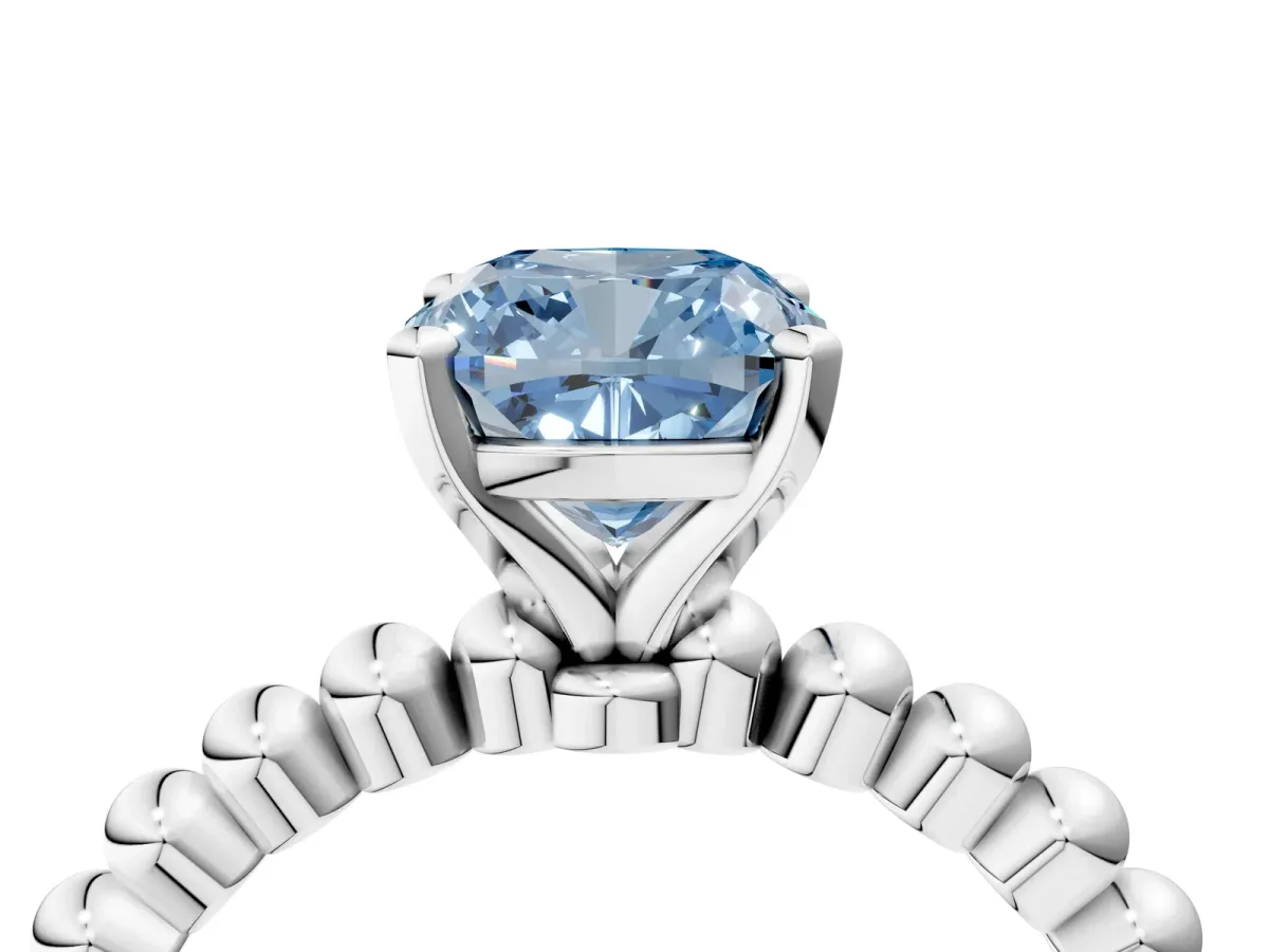 Fancy Blue Cushion Cut Diamond Solitaire Ring with Beaded Band and Prong Setting Silver