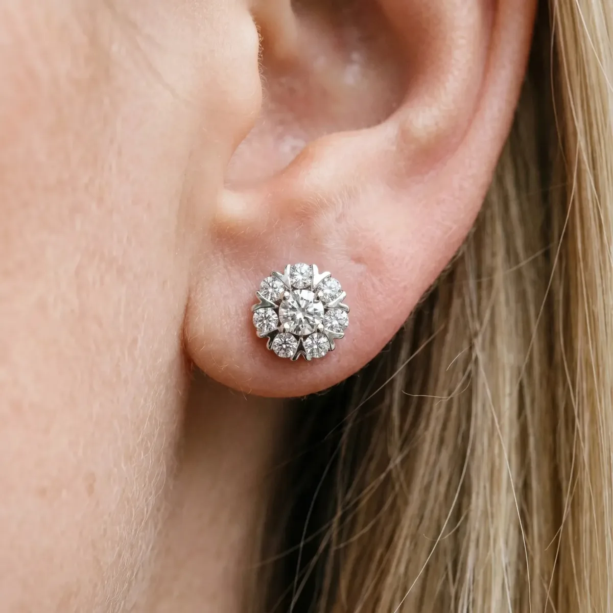 Round Cluster Diamond Stud Earrings with Prong Setting Silver