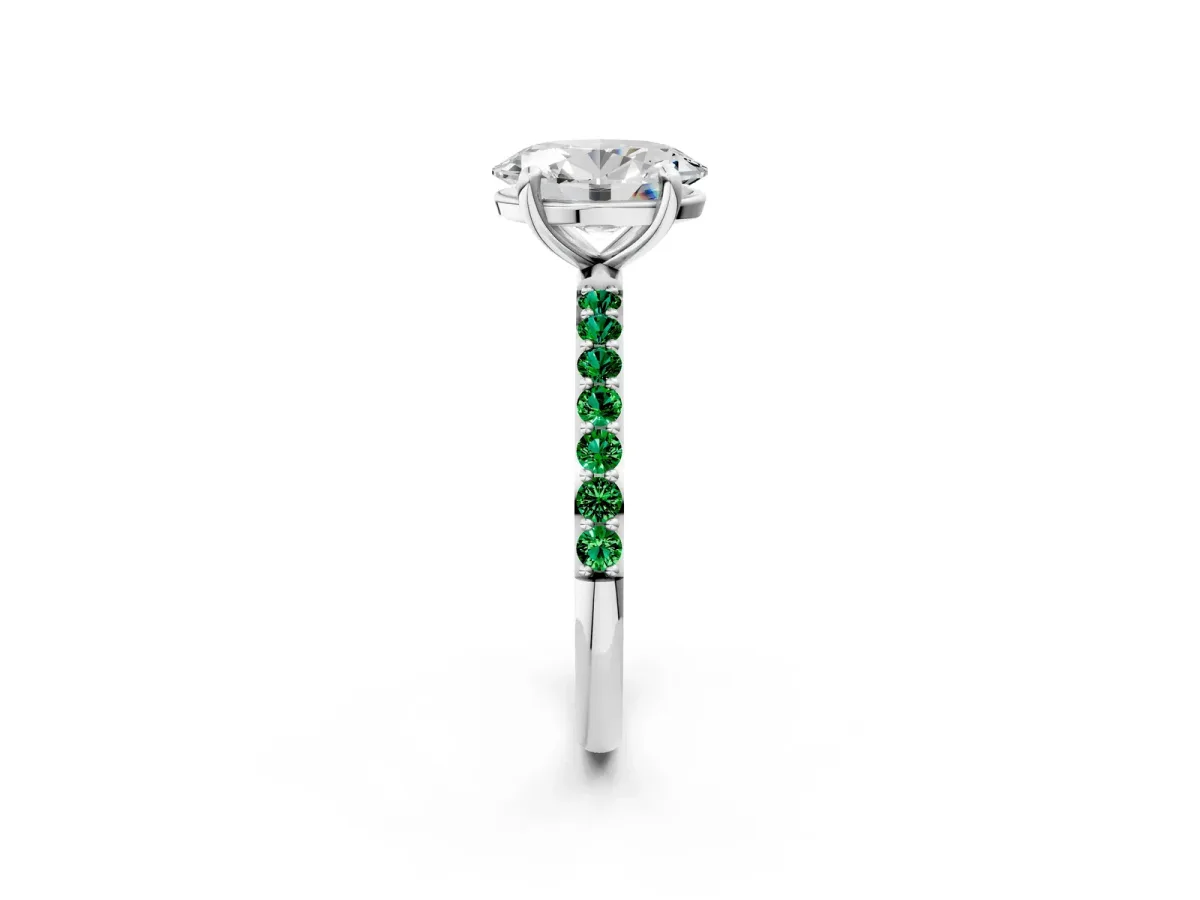 Oval Cut Diamond Solitaire Ring with Round Emerald Pavé Band and Prong Setting Platinum