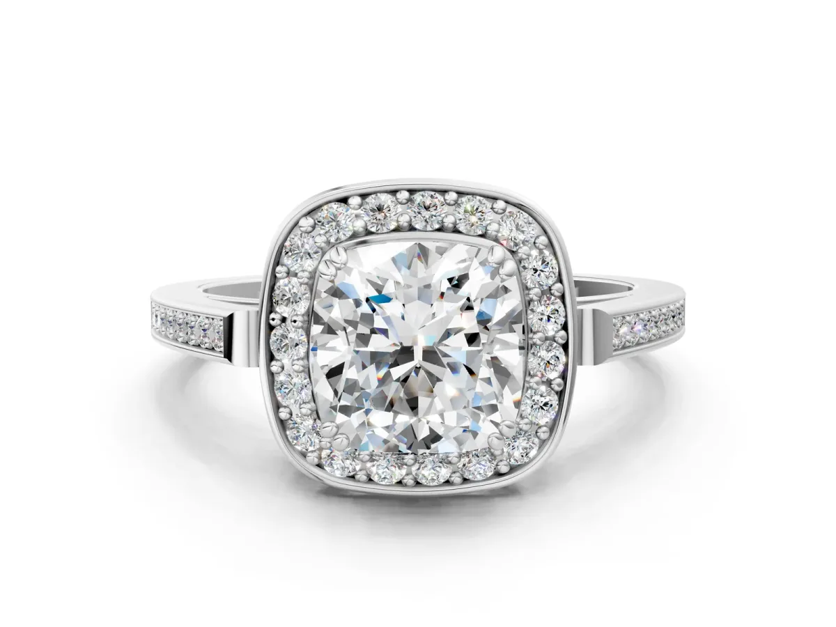 Cushion Cut Diamond Halo Ring with Split Shank and Four-Prong Setting White gold