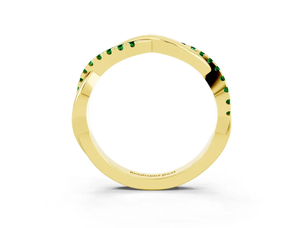 Round Emerald Twisted Infinity Band with Prong Setting Yellow gold