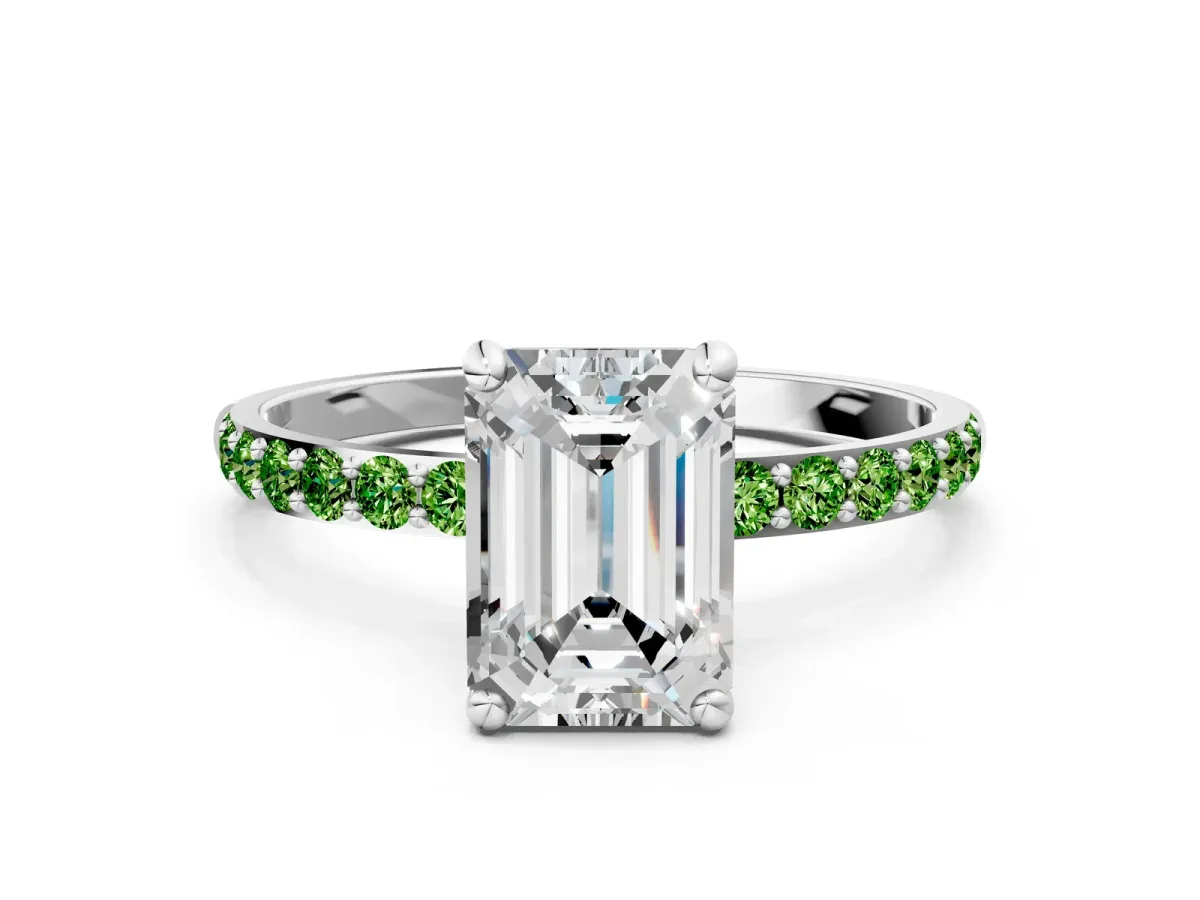 Emerald Cut Diamond Solitaire Ring with Round Peridot Pavé Band and Prong Setting Silver