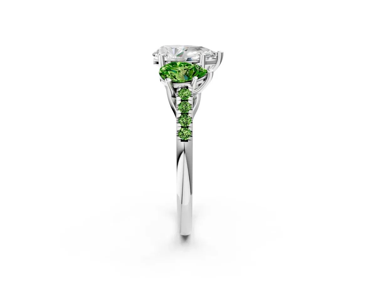 Three-Stone Pear Cut Diamond Ring with Round Peridot Pavé Band and Prong Setting Silver